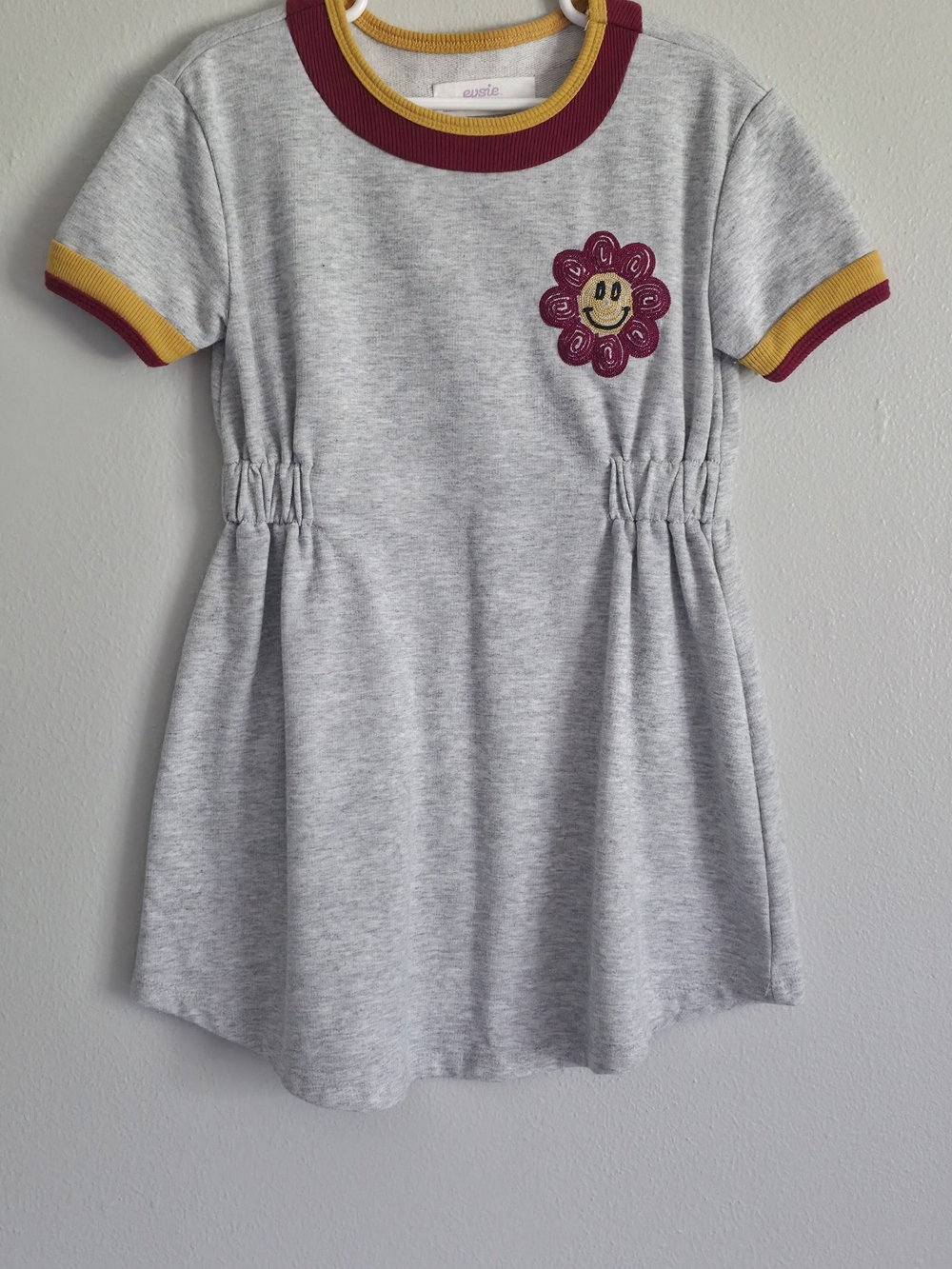 Kids Heather Gray Tee Dress with Maroon & Mustard Trim by Evsie